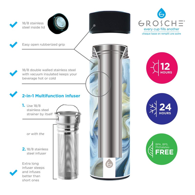 GROSCHE Chicago EXTRA LONG INFUSER 450 ml (15.2 fl. Oz) SOFT TOUCH - (Saturn) Tea and Fruit Infuser Water Bottle - Double Walled Vacuum Insulated Stainless Steel Flask | Hot & Cold Tea Infuser Bottle - Image 2